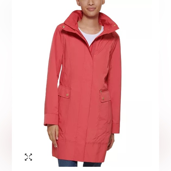 Cole Haan Packable Hooded Water-Resistant Raincoat coral size M retail $359 - Picture 1 of 15